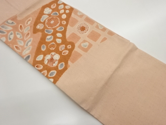 手織り紬絞り手描き花葉に色紙模様名古屋帯